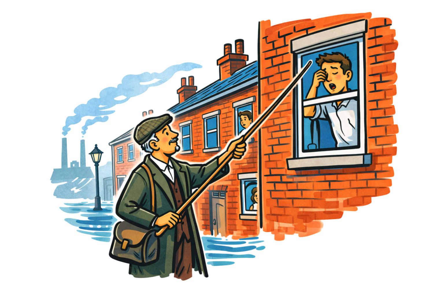 knocker uppers - illustration of a man knocking on a window with a stick